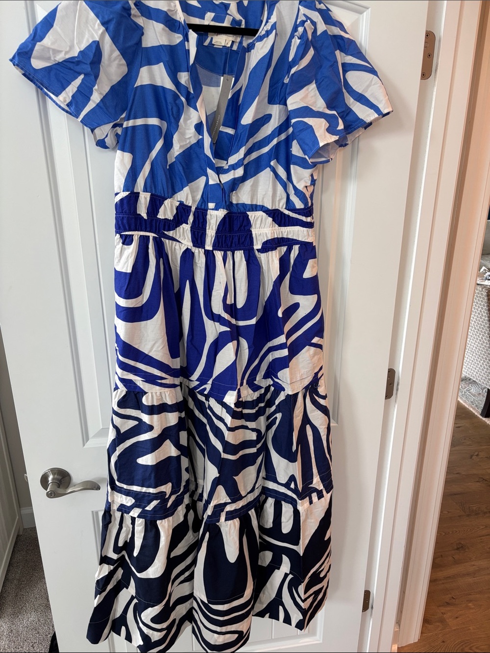 Anthropologie Blue and White Abstract Maxi Dress